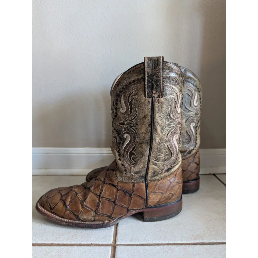 Soto Pirarucu Cowboy Boots Men's Size 9.5 Leather Brown Fish Exotic